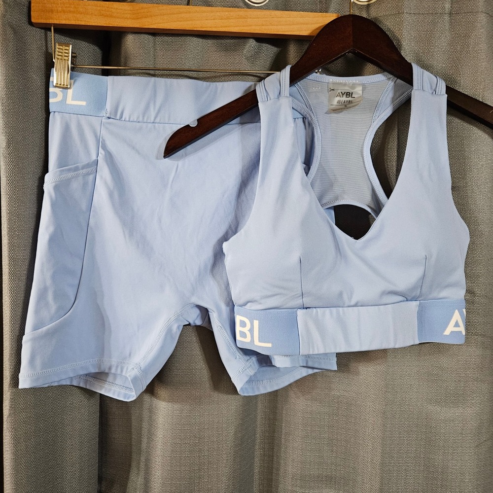 AYBL Womens Pastel Blue Activewear Set Sports Bra Small Biker Shorts Medium
